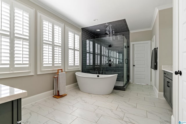 full bath featuring marble finish floor, a stall shower, ornamental molding, baseboards, and vanity