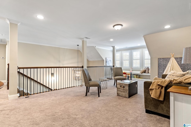 sitting room featuring crown molding, recessed lighting, visible vents, and carpet floors