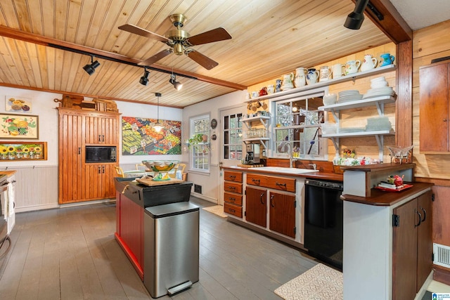 kitchen featuring a ceiling fan, dark wood finished floors, open shelves, black appliances, and wooden ceiling