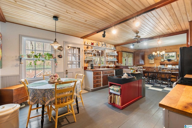 kitchen with a kitchen island, wooden ceiling, dark wood-style floors, black appliances, and open shelves