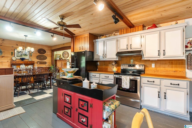 kitchen featuring stainless steel electric range oven, white cabinets, under cabinet range hood, and black refrigerator with ice dispenser