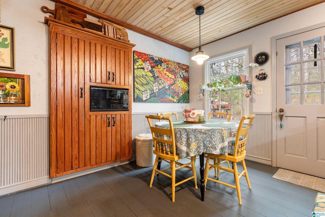 dining room featuring wood ceiling, dark wood-style flooring, and wainscoting