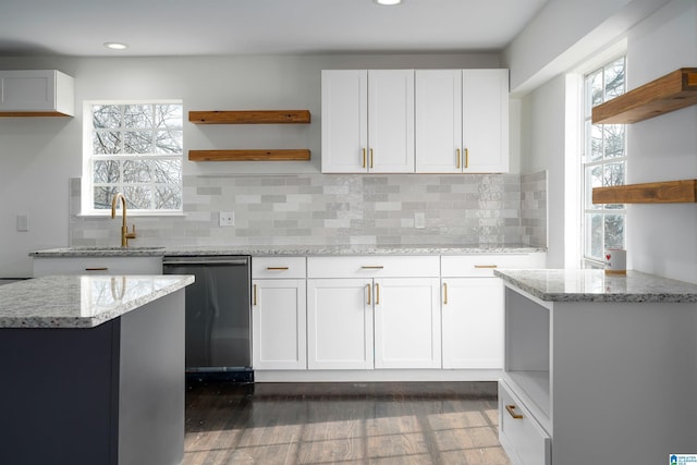 kitchen featuring light stone countertops, open shelves, a sink, white cabinets, and dishwasher