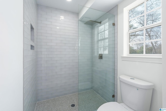 bathroom with a wealth of natural light, toilet, and a tile shower