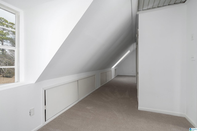 additional living space featuring baseboards, carpet, a healthy amount of sunlight, and vaulted ceiling