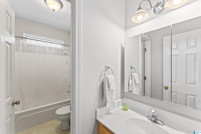 full bath with vanity, tile patterned floors, toilet, and shower / tub combo with curtain