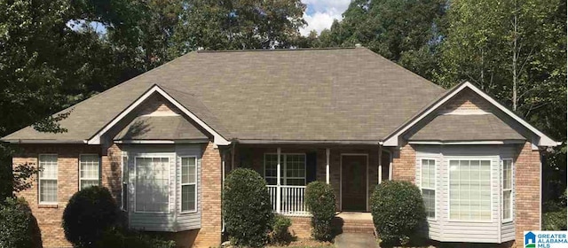 view of front of home with brick siding and a shingled roof