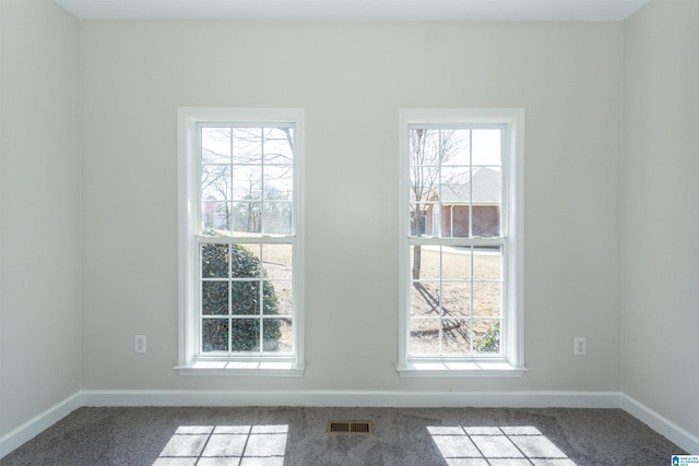 interior space featuring baseboards, visible vents, and carpet floors