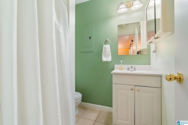 full bath with baseboards, toilet, electric panel, tile patterned floors, and vanity