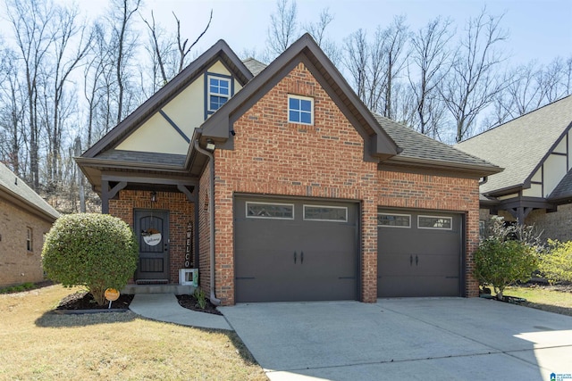 view of front of property featuring brick siding, a shingled roof, concrete driveway, stucco siding, and a garage