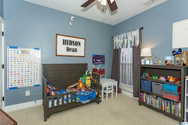 bedroom featuring visible vents and ceiling fan