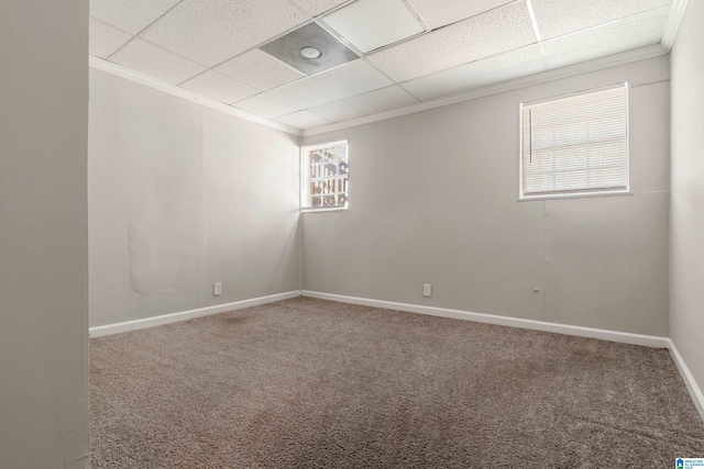 empty room with baseboards, crown molding, a paneled ceiling, and carpet floors