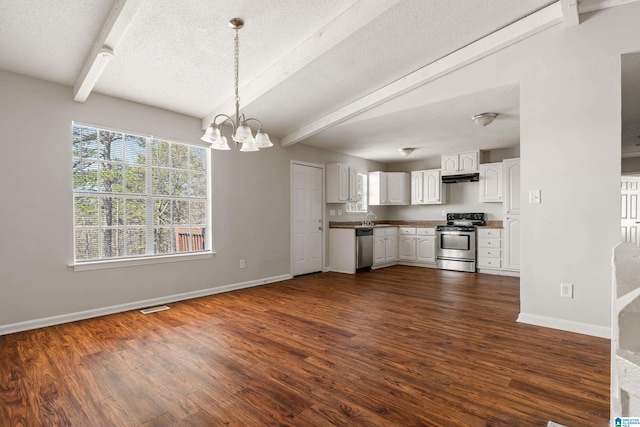 kitchen with white cabinetry, beam ceiling, dark wood finished floors, and stainless steel appliances