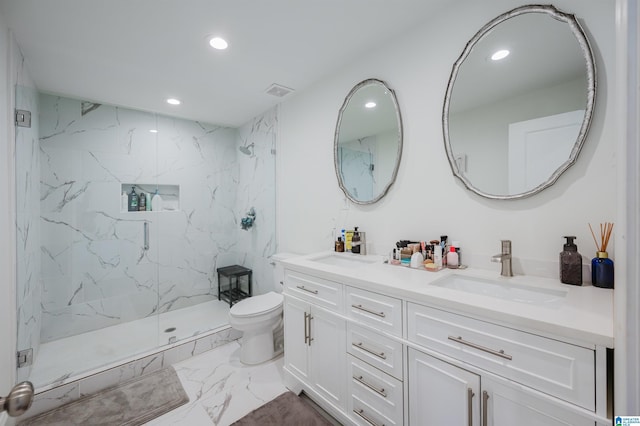 bathroom with toilet, marble finish floor, a sink, a marble finish shower, and double vanity