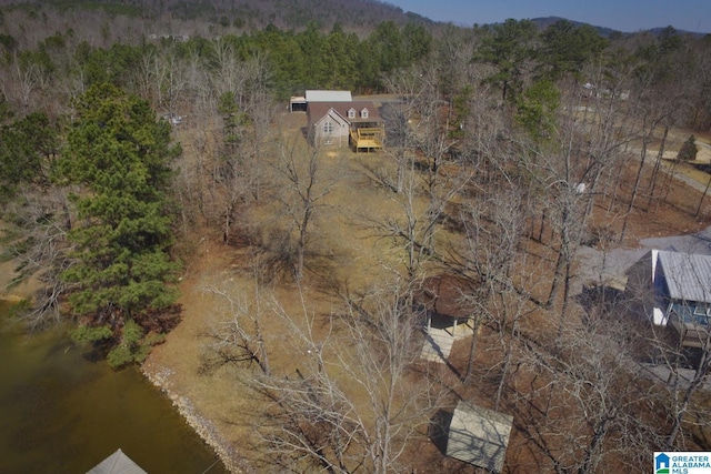 aerial view featuring a wooded view