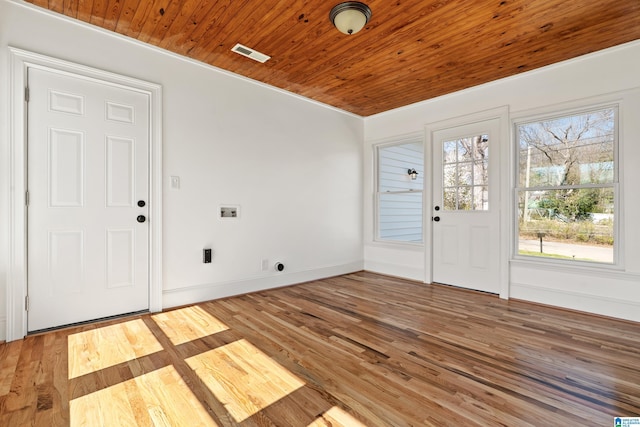 foyer featuring light wood-style flooring, wood ceiling, visible vents, and baseboards