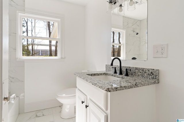 bathroom featuring a marble finish shower, baseboards, toilet, marble finish floor, and vanity