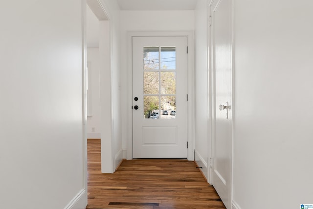 entryway with baseboards and wood finished floors