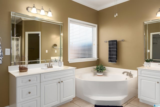 full bath with vanity, ornamental molding, tile patterned flooring, an enclosed shower, and a garden tub