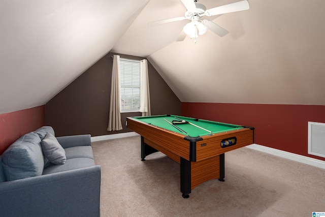 rec room with visible vents, baseboards, lofted ceiling, and carpet