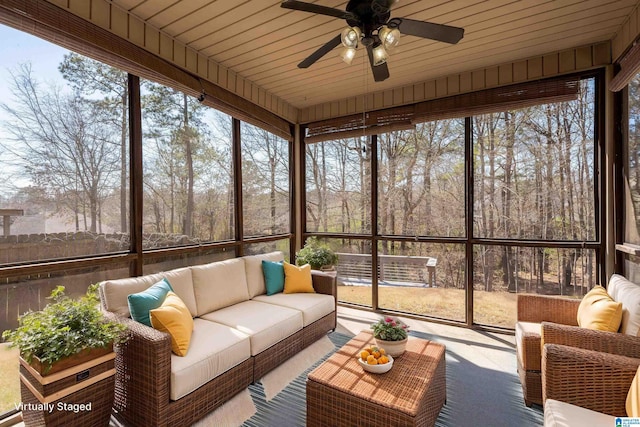 sunroom / solarium with wooden ceiling, a healthy amount of sunlight, and ceiling fan