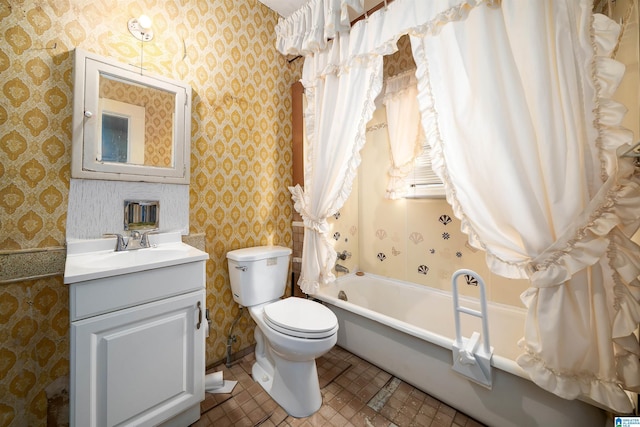 full bath with tile patterned flooring, toilet, wallpapered walls, and vanity