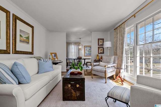 living room with ornamental molding