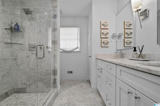 bathroom with visible vents, baseboards, a stall shower, marble finish floor, and vanity