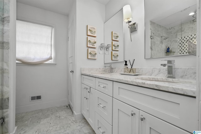 full bath with vanity, visible vents, baseboards, an enclosed shower, and marble finish floor