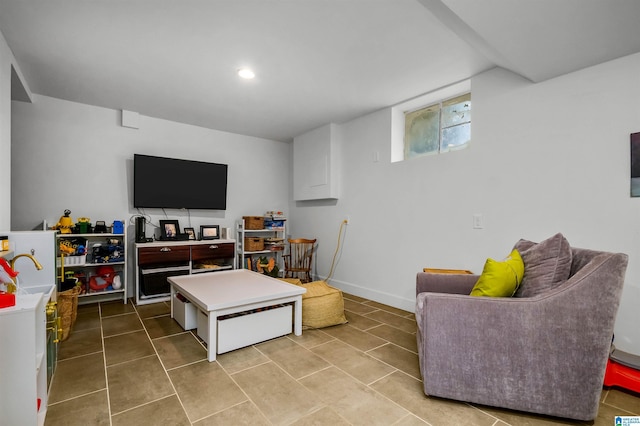 recreation room with tile patterned floors, recessed lighting, and baseboards