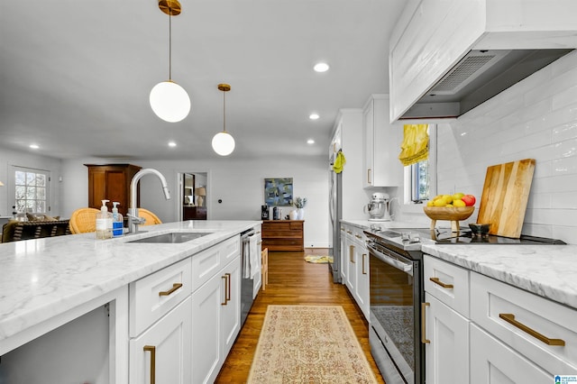 kitchen with premium range hood, dark wood finished floors, a sink, appliances with stainless steel finishes, and white cabinetry