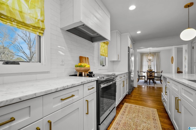 kitchen featuring premium range hood, white cabinetry, appliances with stainless steel finishes, decorative backsplash, and dark wood-style flooring