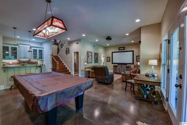 recreation room featuring billiards, recessed lighting, baseboards, and concrete flooring