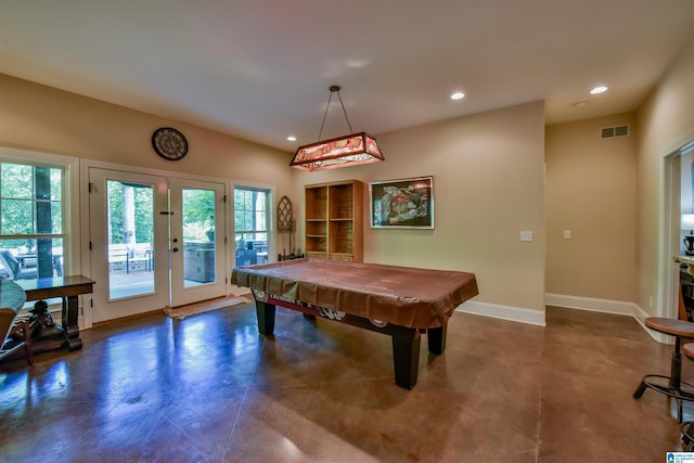 rec room featuring visible vents, finished concrete floors, recessed lighting, french doors, and baseboards