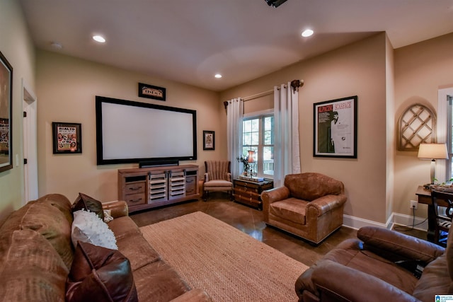 cinema featuring recessed lighting and baseboards