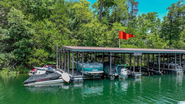 view of dock featuring boat lift and a water view