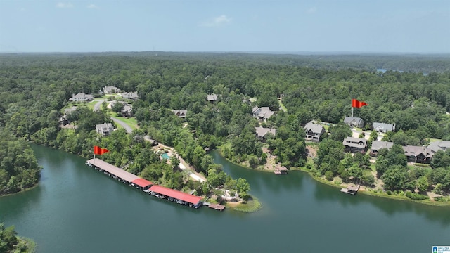 aerial view featuring a view of trees and a water view