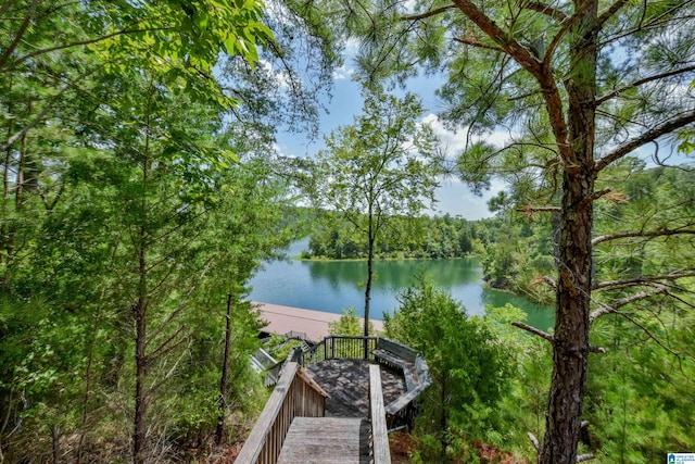 property view of water with a wooded view