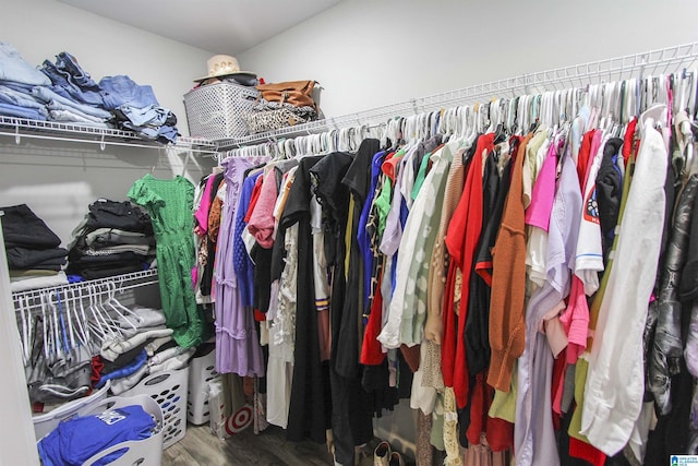 walk in closet with wood finished floors