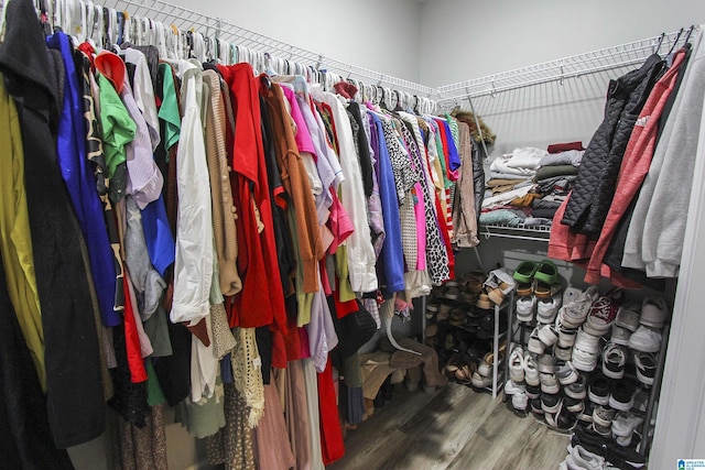 walk in closet with wood finished floors