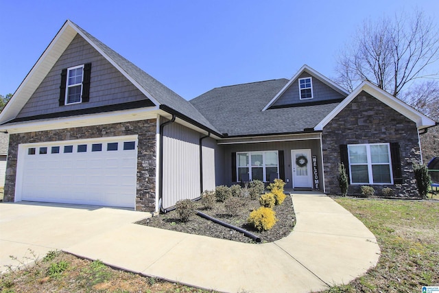 craftsman-style home with stone siding, driveway, and a shingled roof