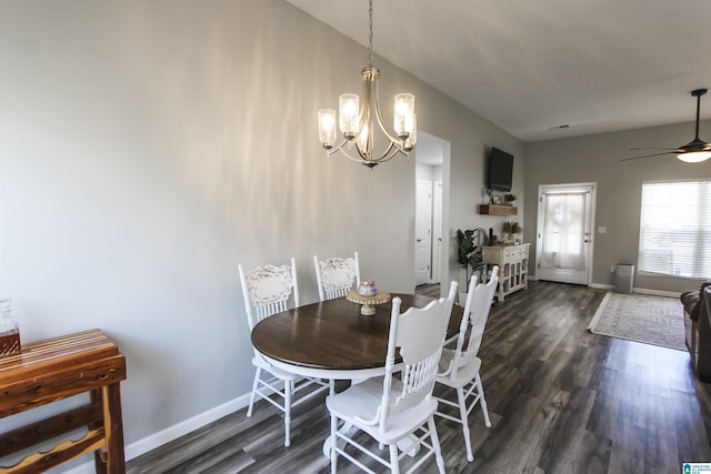 dining room featuring baseboards, dark wood-style flooring, and ceiling fan with notable chandelier