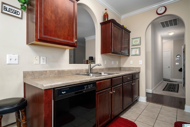 kitchen with a sink, visible vents, black dishwasher, and ornamental molding