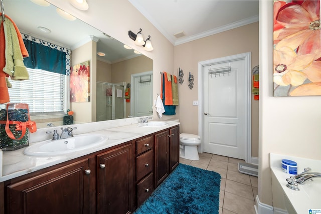 full bathroom featuring tile patterned floors, ornamental molding, a shower stall, and a sink