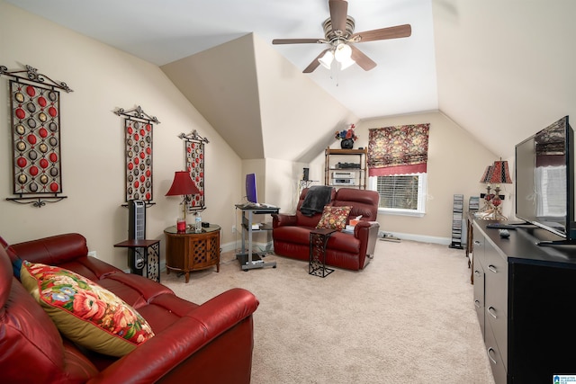 living room with vaulted ceiling, a ceiling fan, baseboards, and light carpet