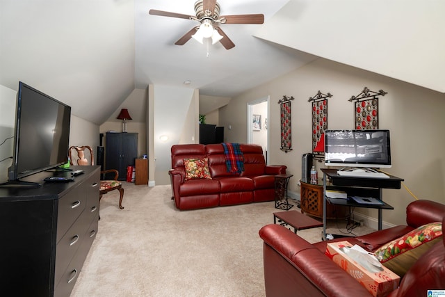 living room with lofted ceiling, light colored carpet, and ceiling fan