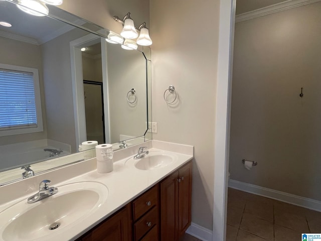 full bathroom featuring tile patterned floors, ornamental molding, and a sink