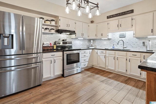 kitchen with a sink, under cabinet range hood, tasteful backsplash, dark countertops, and stainless steel appliances