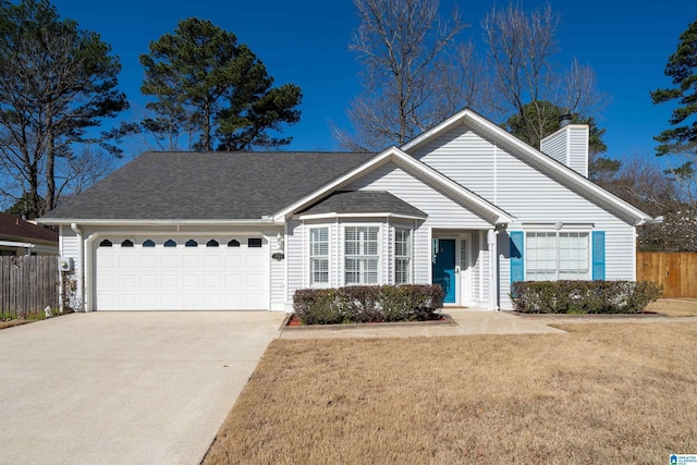 ranch-style home featuring driveway, fence, a front yard, a garage, and a chimney