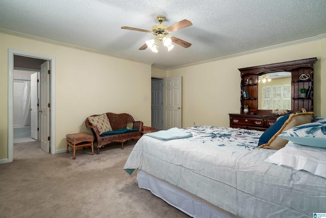 bedroom featuring baseboards, ceiling fan, ornamental molding, carpet flooring, and a textured ceiling